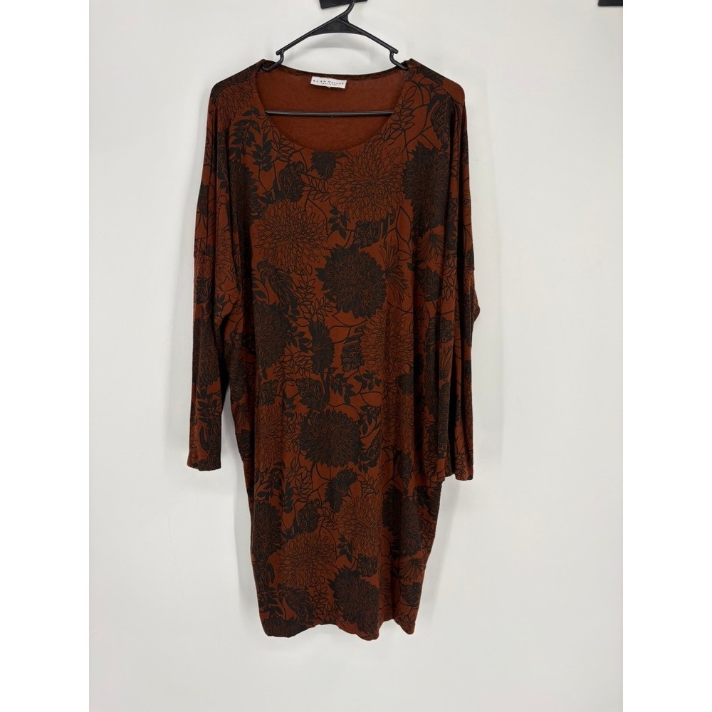 Bryn Walker Dress Womens Medium Rust Brown Floral Lagenlook Tunic Long Sleeve